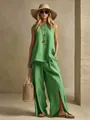 Stylish green cotton linen two-piece set with sleeveless top and slit wide-leg pants - Green