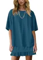 Fashionable women's blue loose casual pajama set with ruffled skirt and short sleeve tee - Navy Blue