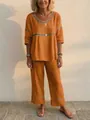 Casual women's two-piece linen set featuring decorative cut-out trim and relaxed fit - XS / Top And Bottom / Orange