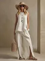 Elegante conjunto de dos piezas para mujer en algodón y lino con top sin mangas y pantalón - S / Top y Pantalones / Blanco