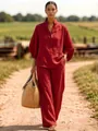 Elegante rode linnen set voor dames met losse blouse en broek met wijde pijpen - Rood