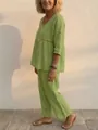 Women's loose green linen-like two-piece set featuring elegant eyelet lace detailing - XS / Top And Bottom / Green