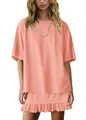 Women's summer casual peach oversized T-shirt and ruffled skirt two-piece loungewear set - Light Pink