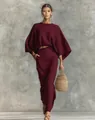 Elegant maroon two-piece long skirt set with high waist and loose top for women - S / Top And Bottom / Burgundy