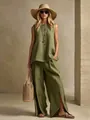 Detail shot of green cotton linen two-piece set featuring sleeveless top and slit pants - Army Green