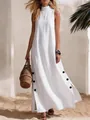 Elegant white cotton linen sleeveless maxi dress featuring stylish side button slit details - S / Top And Bottom / White