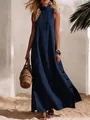 Elegant navy blue cotton-linen sleeveless maxi dress with side slit for beach vacation. - Navy Blue