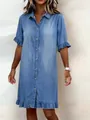 Casual blue denim-look shirt dress with short sleeves and feminine ruffle trim detail - S / Dresses / Blue