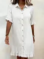 Casual white short-sleeve denim-style shirt dress featuring elegant ruffle trim and buttons - S / Dresses / White