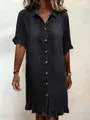 Women's grey short sleeve denim-like shirt dress with ruffle trim and button front - S / Dresses / Black