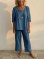 Women's blue linen-blend two-piece set with eyelet lace details and casual loose fit - XS / Top And Bottom / Dark Blue
