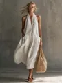 Robe midi blanche dos nu col en V style resort vintage avec grandes poches - S / Haut Et Bas / Blanc