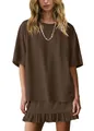 Women's minimalist brown two-piece lounge set with oversized tee and ruffled skirt - Dark Brown