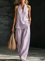Chic summer striped linen two-piece set featuring halter top and wide leg pants - S / Top And Bottom / Purple