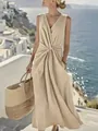 Detailed view of an elegant beige V-neck cotton linen dress with twist-knot waist and pockets - S / Top And Bottom / Khaki
