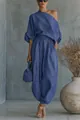Conjunto azul de dos piezas de algodón y lino con top asimétrico y pantalones harem - S / Top Y Pantalón / Azul zafiro