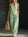 Elegant green and white striped halter top and wide-leg linen pants two-piece set for women - S / Top And Bottom / Green