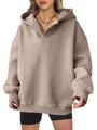 Oversized women's khaki hooded sweatshirt with unique polo collar and ribbed cuffs. - Khaki
