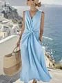 Elegant light blue cotton-linen V-neck sleeveless dress with twisted waist and pockets - S / Top And Bottom / Light Blue