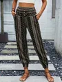 Bohemian ethnic print harem pants with high elastic waist and tapered ankle cuffs - S / Bottoms / Olive Green
