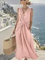Elegant pink linen V-neck sleeveless maxi dress with twist waist and pockets. - S / Top And Bottom / Pink