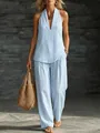 Summer blue and white striped cotton linen two-piece set with halter top and wide-leg pants - S / Top And Bottom / Blue