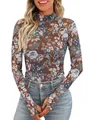 Top de malla floral marrón para mujer con manga larga y agujeros para el pulgar - Marrón