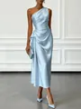 Full-length detail of light blue satin one-shoulder evening dress with draping - S / Top And Bottom / Sky Blue