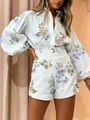 Elegant floral print shirt and high waist shorts two-piece set with puff sleeves - S / Top And Bottom / Beige Rose Floral