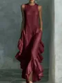 Detail showing ruffled hem and textured fabric of sleeveless burgundy maxi dress - S / Top And Bottom / Burgundy