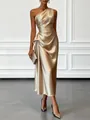 Elegant champagne gold satin one-shoulder evening gown featuring sophisticated pleated waist detail. - S / Top And Bottom / Khaki