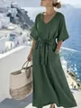 Elegant olive green casual short sleeve maxi dress with a waist tie and side pockets - Green