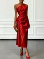 Detailed close-up showing the draped satin texture of a red one-shoulder evening gown - S / Top And Bottom / Red