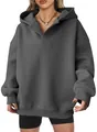 Oversized dark grey hooded sweatshirt for women with long sleeves and ribbed cuffs - Dark Gray