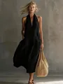 Élégante robe midi de vacances noire vintage avec col en V et grandes poches plaquées - S / Haut Et Bas / Noir