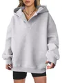 Oversized women's grey hoodie featuring a half-placket collar and ribbed cuffs - Light Gray