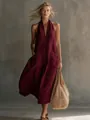 Robe midi bordeaux dos nu avec col en V et grandes poches plaquées style vacances - S / Haut Et Bas / Bordeaux