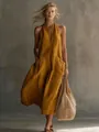 Robe mi-longue jaune moutarde élégante à col en V et grandes poches pour les vacances. - Orange