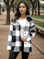 Mid-length black and white checkered fuzzy fleece coat with front buttons and pockets - S / Tops / Black