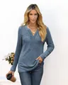 Detailed view of women's blue ribbed V-neck long-sleeved top in casual style - Light Blue