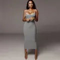 Elegant grey ribbed bodycon midi dress with white contrast spaghetti straps and slim fit - S / Gray