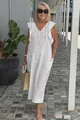 Elegant white cotton linen maxi dress featuring ruffle sleeves and a flattering V-neckline - S / Bottoms / White