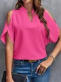 Close-up of elegant hot pink V-neck blouse with trendy cold shoulder sleeve design. - S / Rose Red