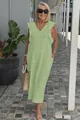Summer light green V-neck flutter sleeve cotton linen maxi dress on an elderly model - S / Bottoms / Light Green