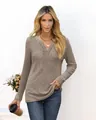 Elegant women's V-neck ribbed knit long sleeve top in a soft taupe casual style - S / Tops / Khaki