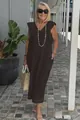 Elegant dark coffee cotton linen maxi dress featuring ruffle sleeves and a V-neckline - S / Tops / Black