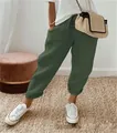 Stylish women's casual olive green cotton linen cropped pants with comfortable elastic waist - S / Bottoms / Army Green