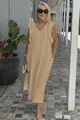 Elegant full length summer cotton linen dress with fly sleeves shown on a model outdoors - S / Tops / Earthy Yellow