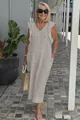 Elegant summer linen dress with ruffle sleeves and V-neck in light grey lifestyle view - S / Tops / Apricot