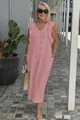 Detail of pink cotton linen maxi dress featuring stylish ruffle sleeves and V-neckline - S / Tops / Pink